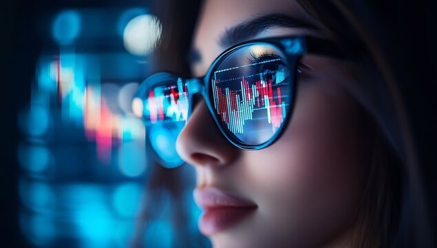 Candid close up of a woman with stylish eyewear reflecting stock market visuals : Generative AI
