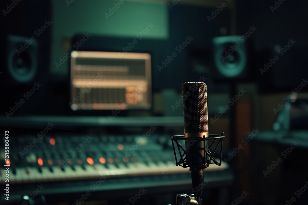 Poster Stylish microphone in front of a digital audio workstation with studio monitors in a sound recording environment : Generative AI
