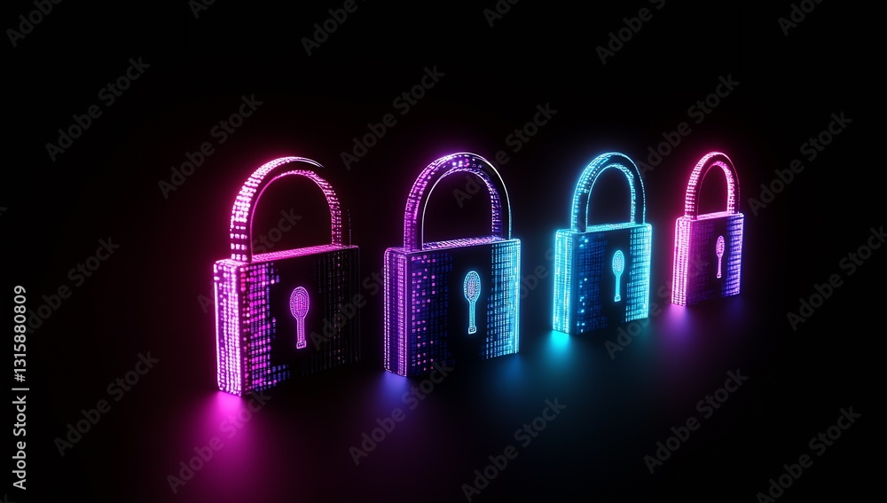 Poster Set of glowing futuristic locks displaying a modern take on digital security concepts in vibrant colors : Generative AI
