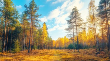 Fototapeta premium Autumn's Golden Path: A Serene Forest Landscape Under a Bright Sky