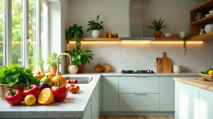 A bright, airy kitchen with fresh produce displayed on a marble countertop, showcasing a healthy and vibrant lifestyle