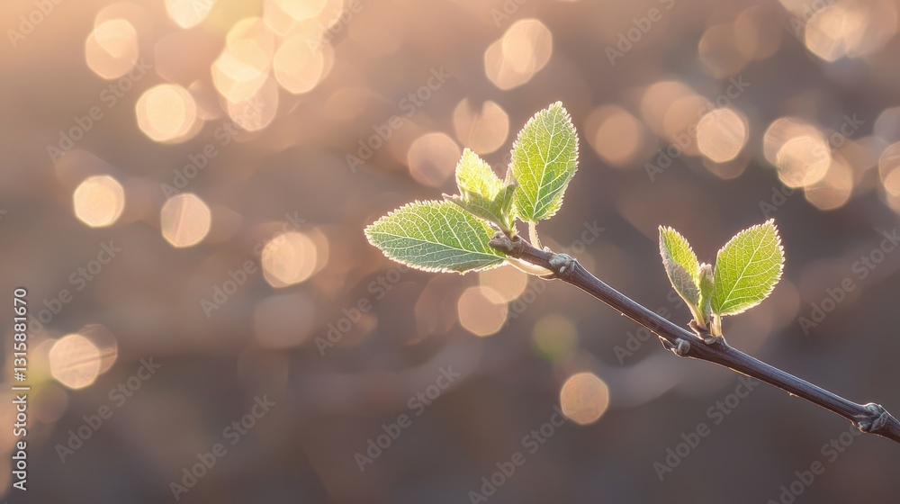 Poster delicate green leaves on a branch with soft bokeh background