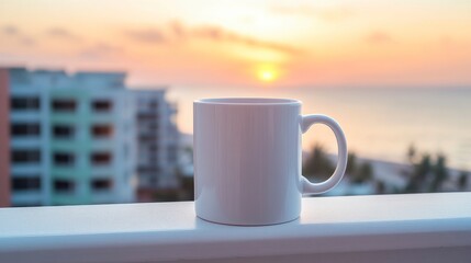 White Mug on Balcony Overlooking Ocean and Sunrise Sky Morning Scene