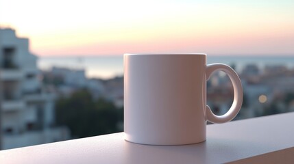 Obraz premium White Coffee Mug on Balcony at Sunset Overlooking City and Ocean