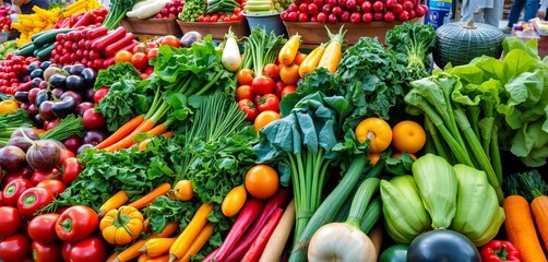 Vibrant colorful array of fresh farm vegetables at a market stall, market stall, local