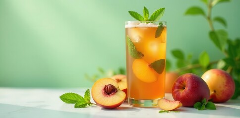 Fototapeta premium Refreshing Peach Iced Tea with Mint and Ice Cubes in a Tall Glass