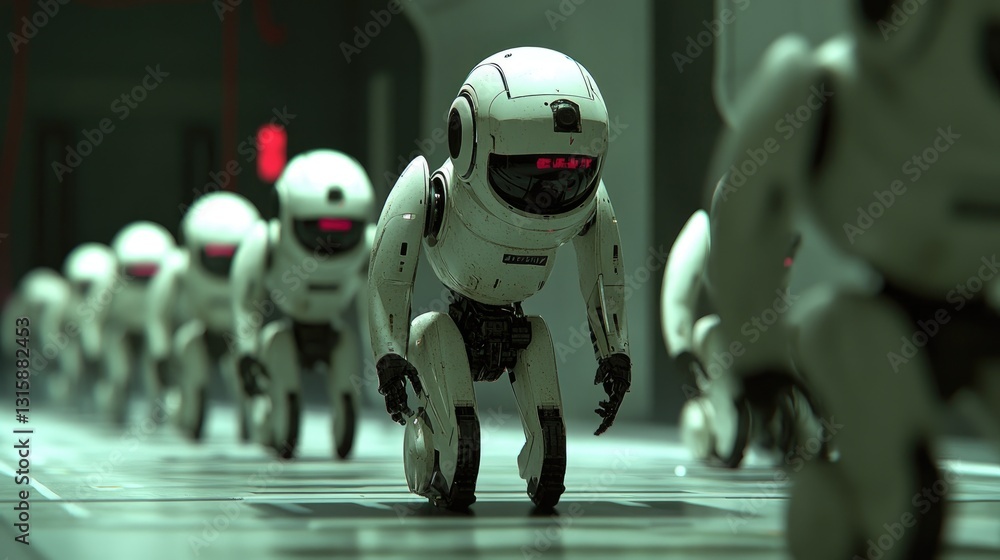 Poster advanced ai network autonomously coordinating robotic workforce operations.