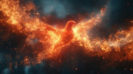 Obraz premium Fiery bird soaring through cosmic clouds