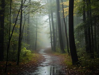 Fototapeta premium A forest path is wet from rain