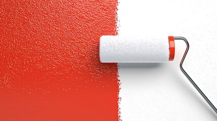 Obraz premium Painting a wall with a roller. A paint roller applies a coat of vibrant red paint to a white wall. 