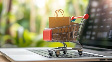 Online Shopping Concept: Miniature Cart on Laptop for E-commerce