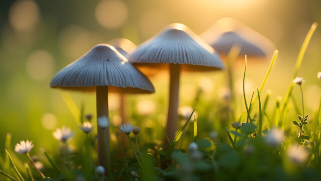 Bell-shaped Coprinopsis atramentaria mushrooms glowing under soft sunlight in a grassy field, showcasing their grayish caps.
