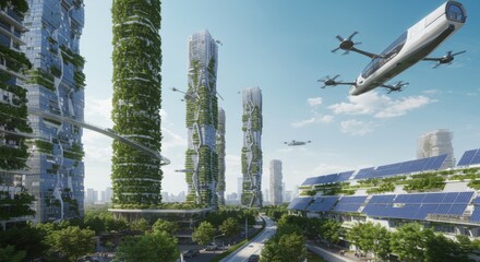 Fototapeta premium Futuristic cityscape with vertical gardens covering skyscrapers, solar panels integrated into buildings, and flying electric vehicles, under a clear blue sky