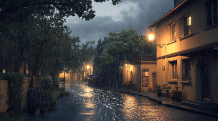 A rainy night in a small town with a street that is flooded