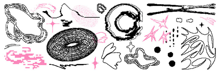 Odd bitmap graphic geometric pack. Abstract pixel shape asset for sticker, poster, collage, design template. Vector isolated elements. © gorozhinak