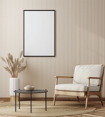 A cozy living room with a white armchair. a round coffee table. a vase with pampas grass. and a blank frame on a ribbed wall