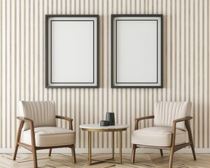 Two beige armchairs with a small table in front of a wall with two empty frames