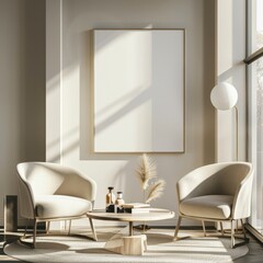 Minimalist living room interior with two beige armchairs. a round wooden coffee table. and a large blank canvas