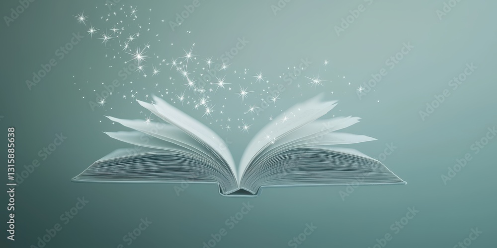 Poster open book with a magical glow and sparkles on a soft background