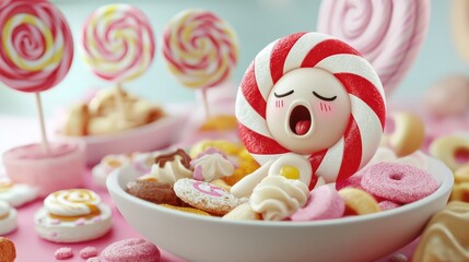 Joyful Little Girl Enjoying Colorful Candies in a Decorative Bowl