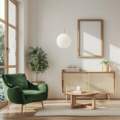 Modern living room interior with green armchair. wooden furniture. and a large window