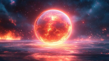 Fiery Planet in Cosmic Sea. Possible Stock Photo Use