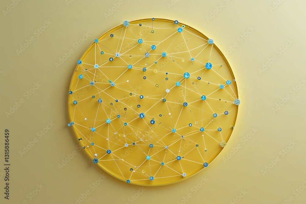 Poster ethereal yellow circular background with dynamic networked dots for technology and innovation