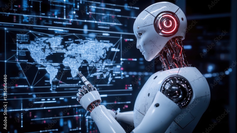 Poster agentic ai-powered robot analyzing complex data for independent decision-making.