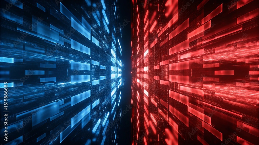 Poster technology background with two paths running in parallel. red and blue color scheme, technology feel