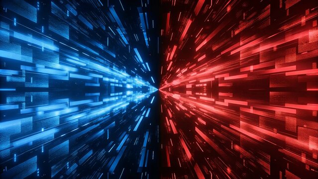 Technology background with two paths running in parallel. red and blue color scheme, technology feel, tech background, futuristic feel. 