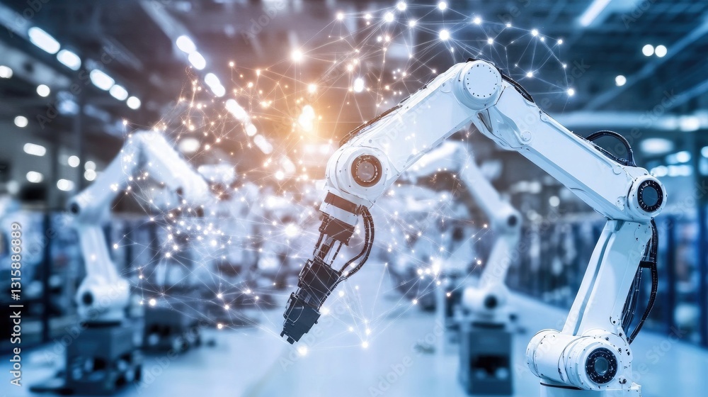 Poster agentic ai controlling robotic arms in an advanced automated factory.
