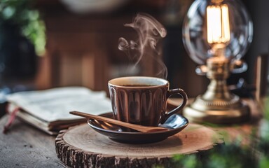 January blues, Cozy coffee steaming in a rustic cafe