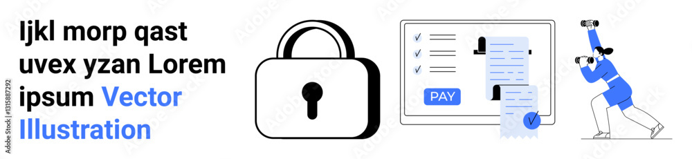 Aufkleber padlock symbolizing security, payment form with a pay button and receipts, person using binoculars. 