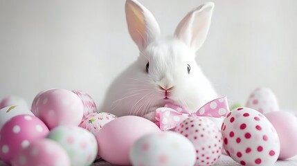 Fototapeta premium Fluffy Bunny Amidst Pastel Easter Eggs