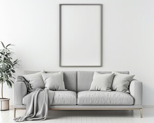 A gray sofa with throw blanket and pillows in a minimalist living room with a large picture frame on the wall