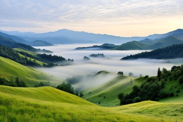 Obraz premium Fog is covering green hills and distant mountains at sunrise