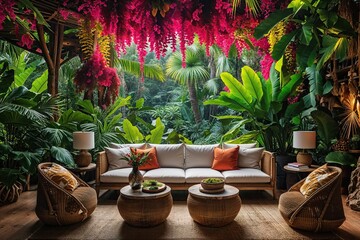 Fototapeta premium Vibrant Jungle Getaway Surrounded by Lush Foliage and Exotic Nature