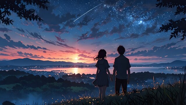 Romantic Anime-Style Sunset and Starry Night Landscape Featuring a Couple Holding Hands on a Hill Overlooking a Serene Lake with a Shooting Star in a Dreamy Twilight Sky