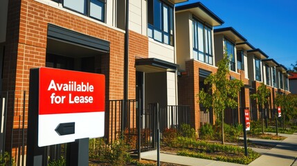 Obraz premium Row of modern townhouses featuring 'Available for Lease' signs on a sunny day