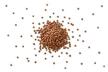 Closeup of a pile of organic uncooked lentils isolated on a transparent background with shadow from above, top view, png