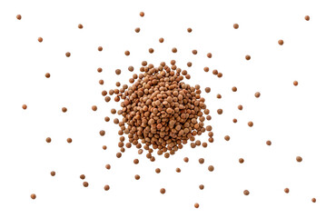 Closeup of a pile of organic uncooked lentils isolated on a transparent background without shadow from above, top view, png