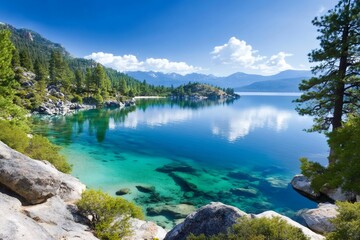 Fototapeta premium Crystal clear water reflecting clouds and mountains at Lake Tahoe