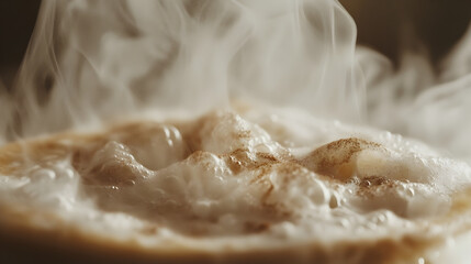 Obraz premium of steam rising from a cappuccino with rich frothy milk and cinnamon dusting 