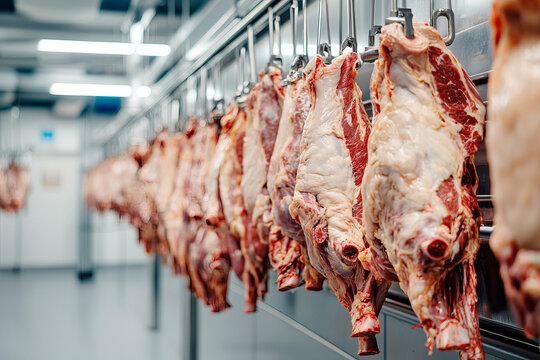 Large butchered animal carcasses hanging on hooks in a meat processing plant's refrigeration section. Close-up.