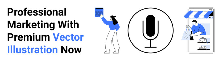 Content creator posting, a microphone symbolizing audio content, and storefront app layout with product listings. Ideal for advertising, e-commerce, social media, branding, podcasts, technology flat