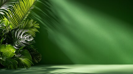 Tropical plants, bright light, green backdrop