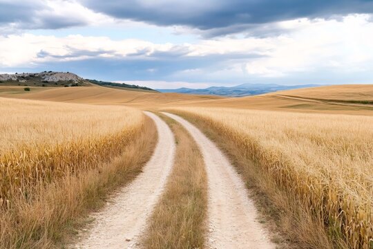 White dirt road crossing golden wheat field under cloudy sky