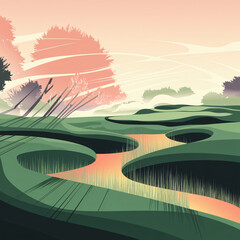 Abstract and artistic image - A minimalistic golf course at sunrise, with emerald grass flowing like silk, golden light, mist, and abstract tree shadows creating a tranquil, dreamlike atmosphere.