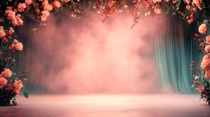 Elegant floral stage setup for event photography dreamy ambiance soft lighting