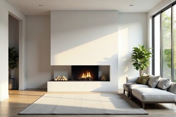 Fototapeta premium Modern minimalist living room interior design featuring a cozy fireplace and comfortable seating